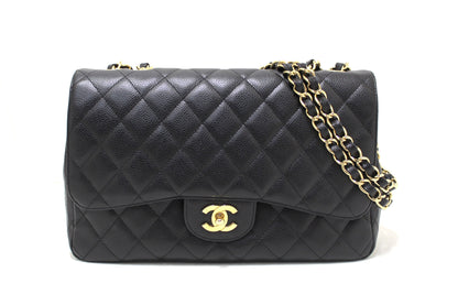 Chanel Black Quilted Caviar Leather Classic Jumbo Single Flap Bag