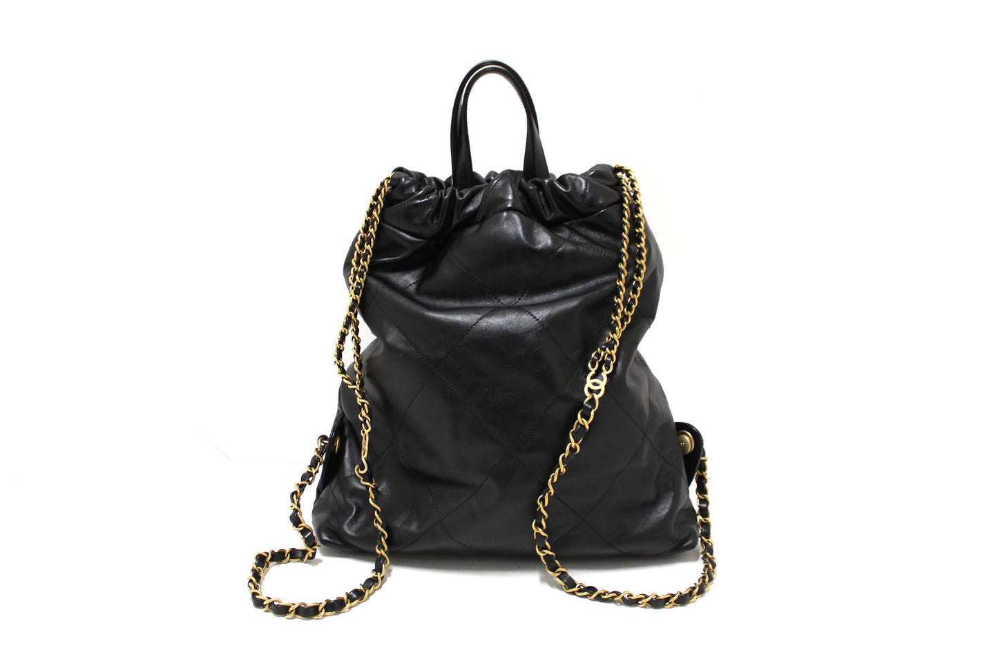 Chanel Black Chanel Calfskin Leather Drawstring Chain Backpack
