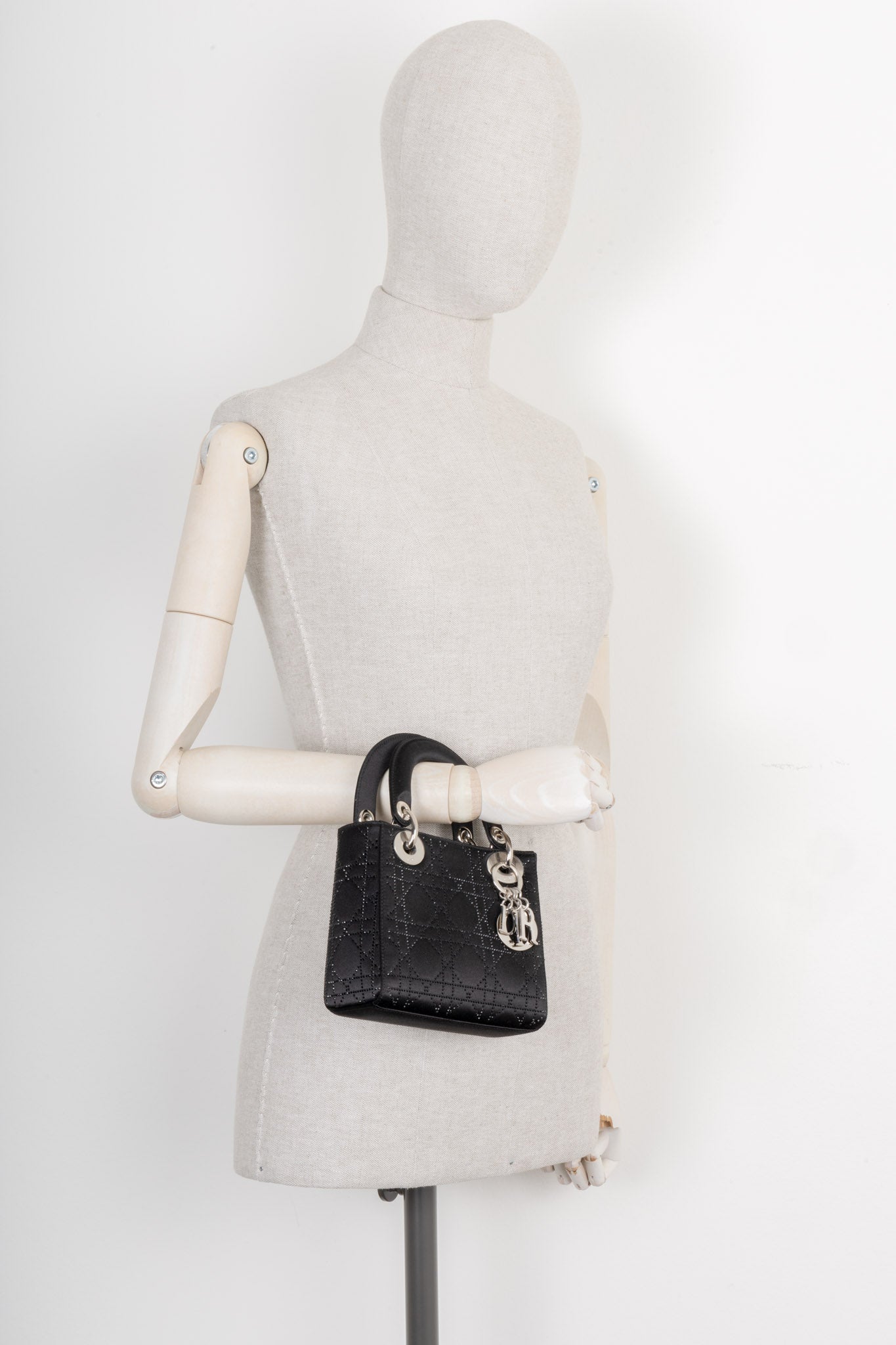 Christian Dior Mini Lady Dior Bag Cannage Strass Satin Black