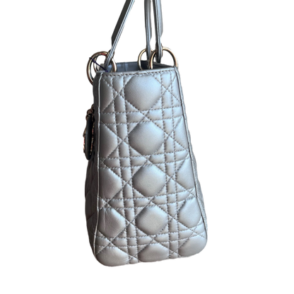 Lady Dior Pearlescent Grey Medium Lambskin Cannage Leather Handbag