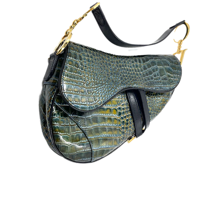 Dior Saddle Green Medium Crocodile embossed Leather Handbag