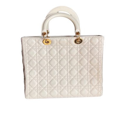 Lady Dior Large Cream White Cannage Lambskin Leather handbag with Gold Hardware and Strap