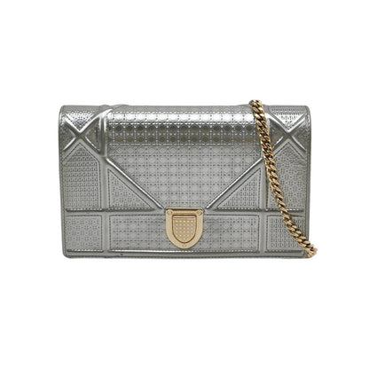 Dior Diorama Wallet on Chain Micro-cannage Silver Metallic Patent Leather Crossbody Bag
