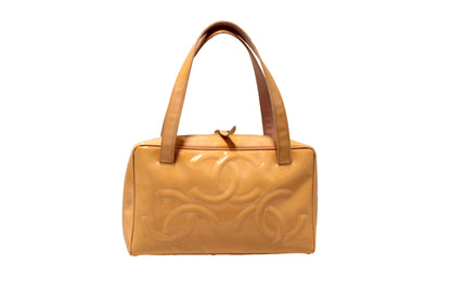 Chanel Beige Patent Leather Triple CC Logo Small Zippy Bag