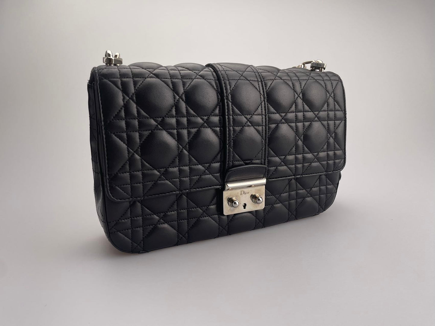 Dior Miss Dior Shoulder Bag In Black Lambskin Leather With Silver Hardware