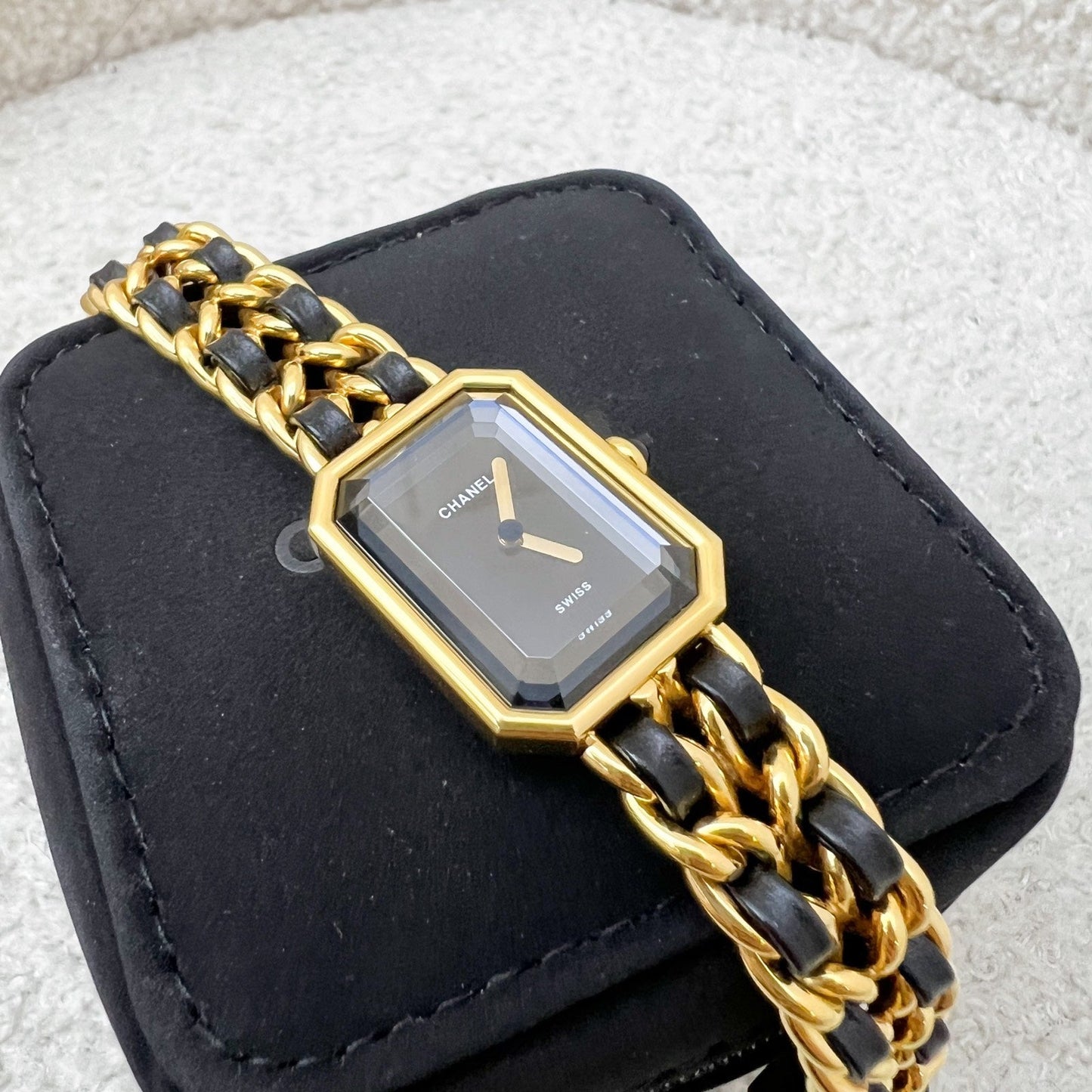 Chanel Vintage Premiere Watch in 24K Gold Plated HW and Black Leather Size S