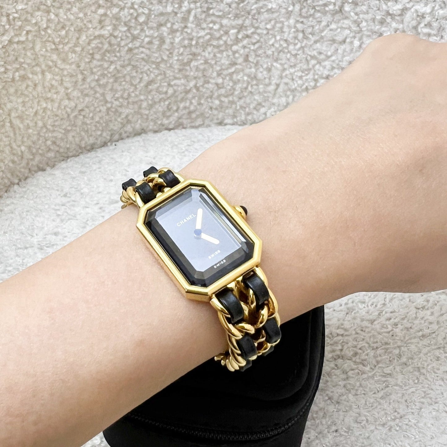 Chanel Vintage Premiere Watch in 24K Gold Plated HW and Black Leather Size S