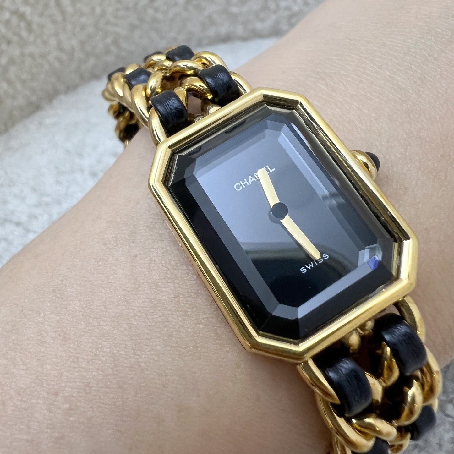 Chanel Vintage Premiere Watch in 24K Gold Plated HW and Black Leather Size M