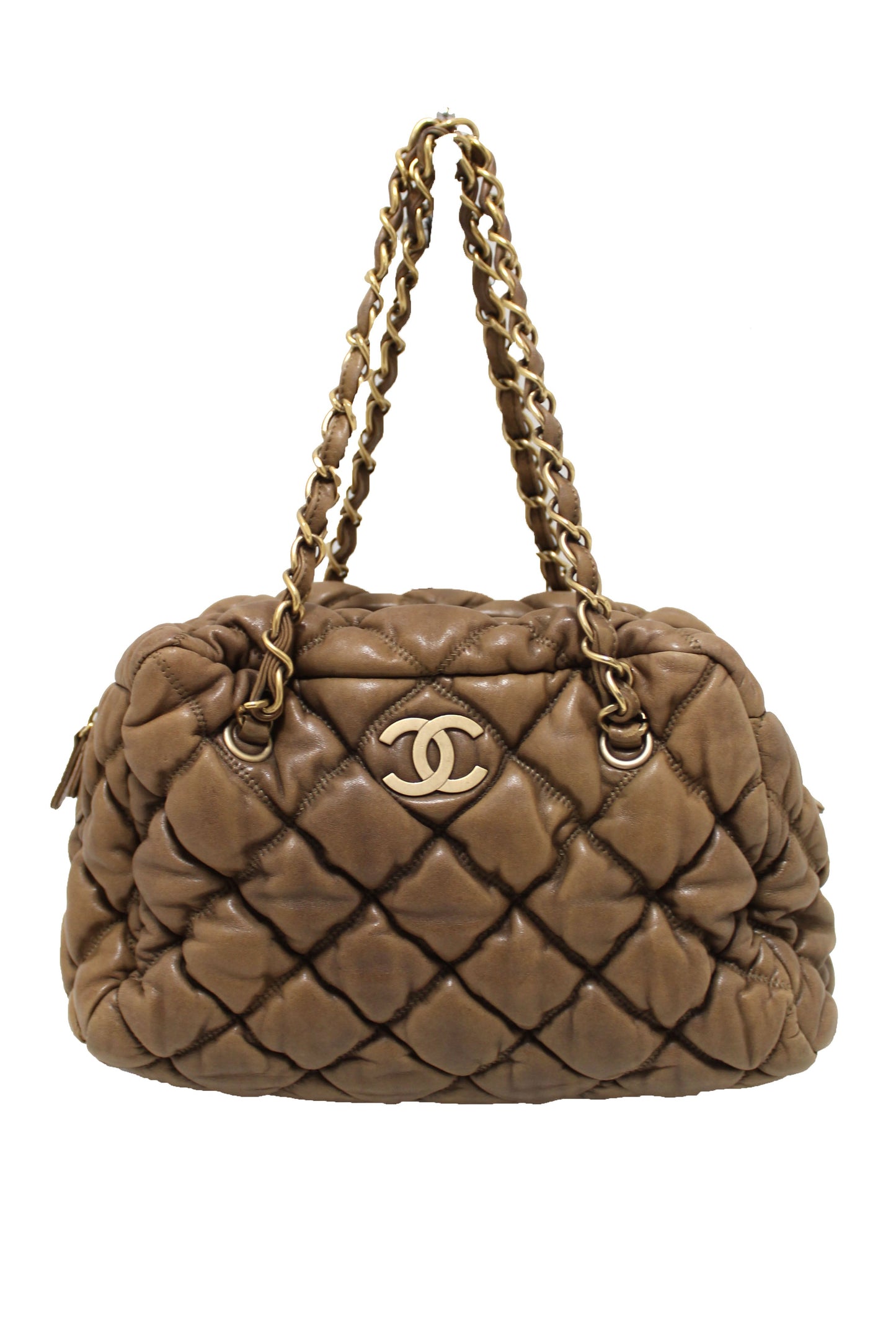 Chanel Beige Bubble Quilted Lambskin Leather Bowler Bag