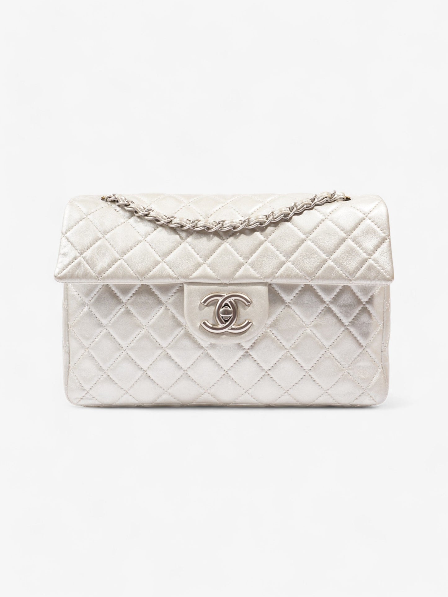 Chanel Classic Single Flap Metallic Grey Lambskin Leather Maxi