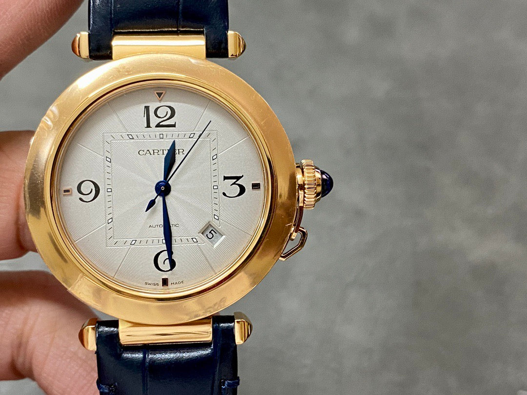 Pasha 41 mm mechanical gold white dial dark navy blue leather