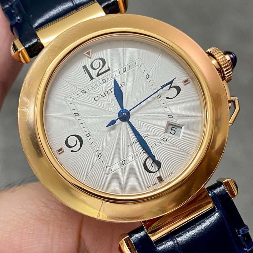 Pasha 41 mm mechanical gold white dial dark navy blue leather