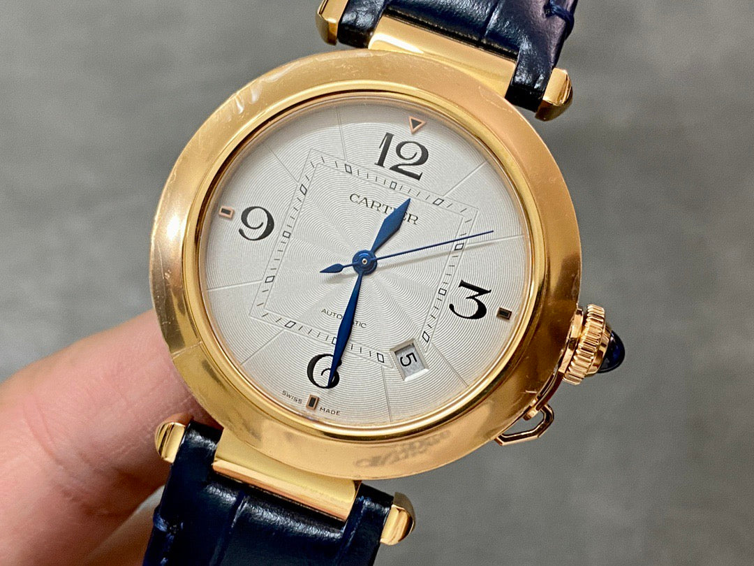 Pasha 41 mm mechanical gold white dial dark navy blue leather