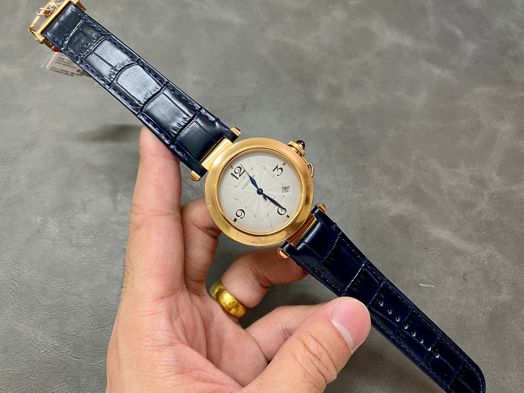 Pasha 41 mm mechanical gold white dial dark navy blue leather