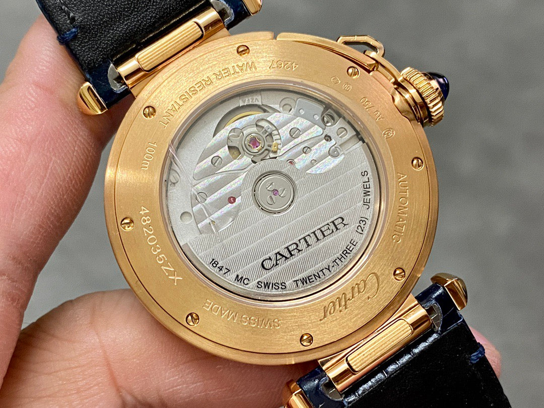 Pasha 41 mm mechanical gold white dial dark navy blue leather
