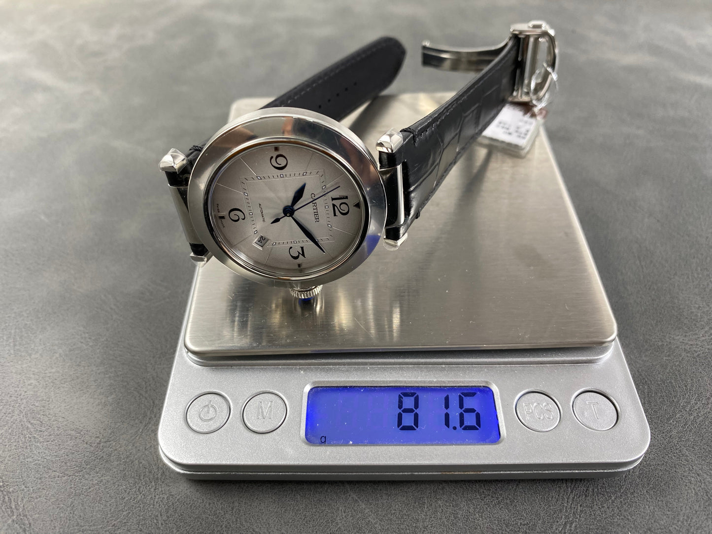 Pasha 41 mm mechanical silver white dial black leather