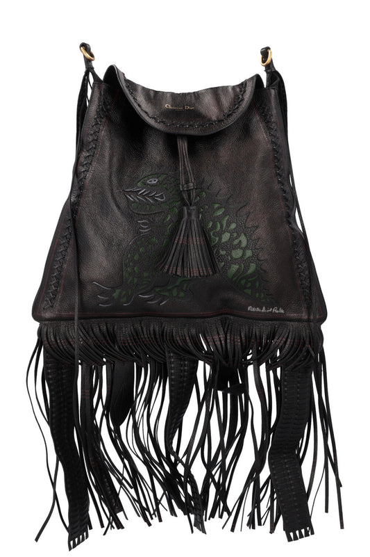 Christian Dior Niki De Saint Phalle Fringed Hobo Bag Leather Black