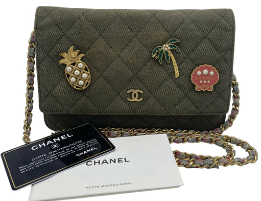 Chanel 17C Paris-Cuba Charms Military Green Canvas WOC Clutch Wallet On Chain