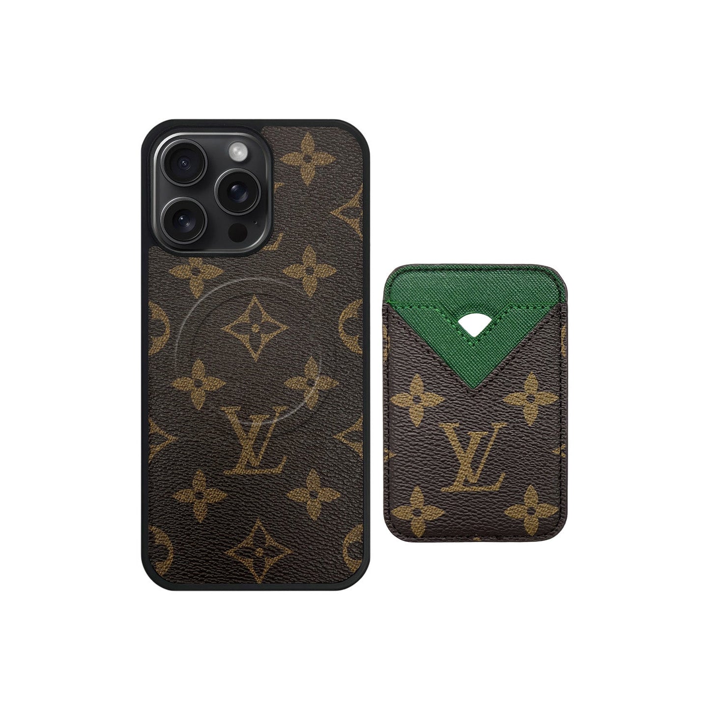SET MAGSAFE CARDHOLDER LV MONOGRAM BROWN WITH GREEN
