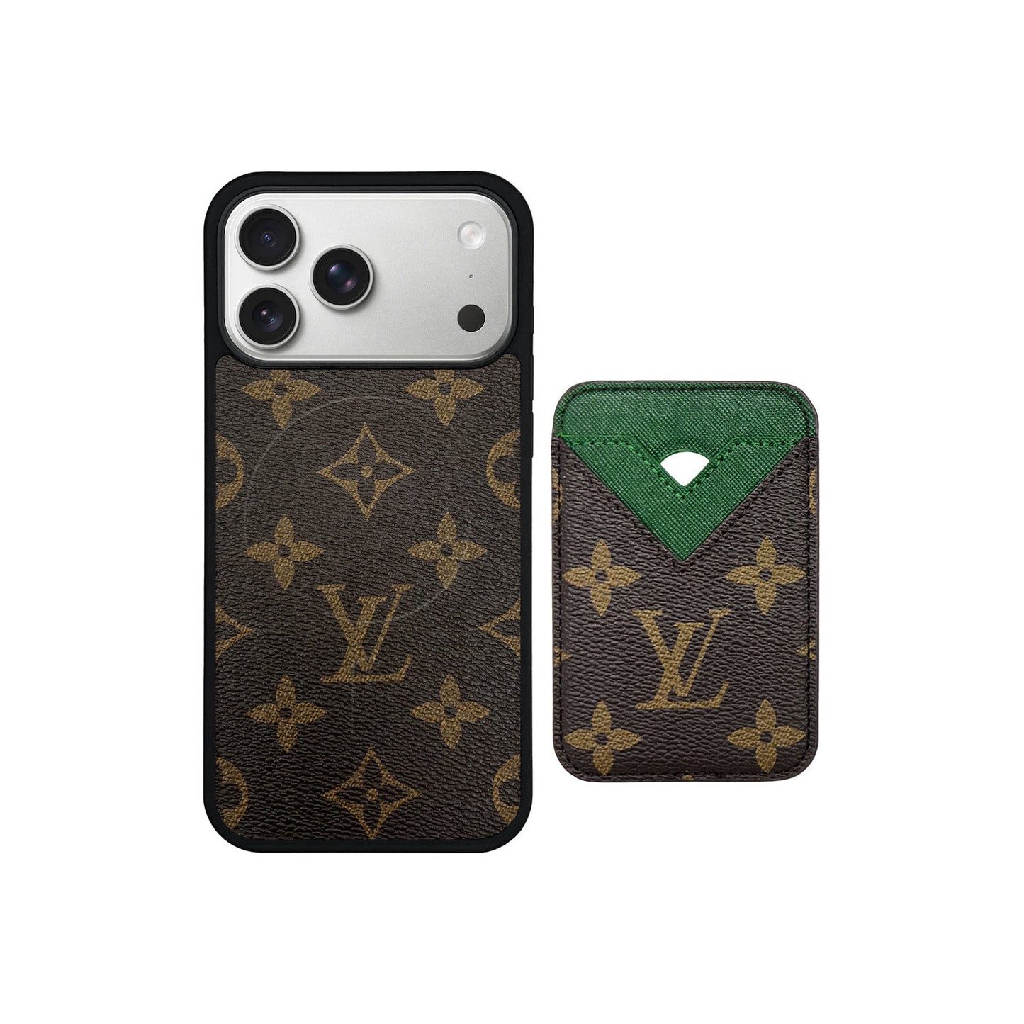 SET MAGSAFE CARDHOLDER LV MONOGRAM BROWN WITH GREEN