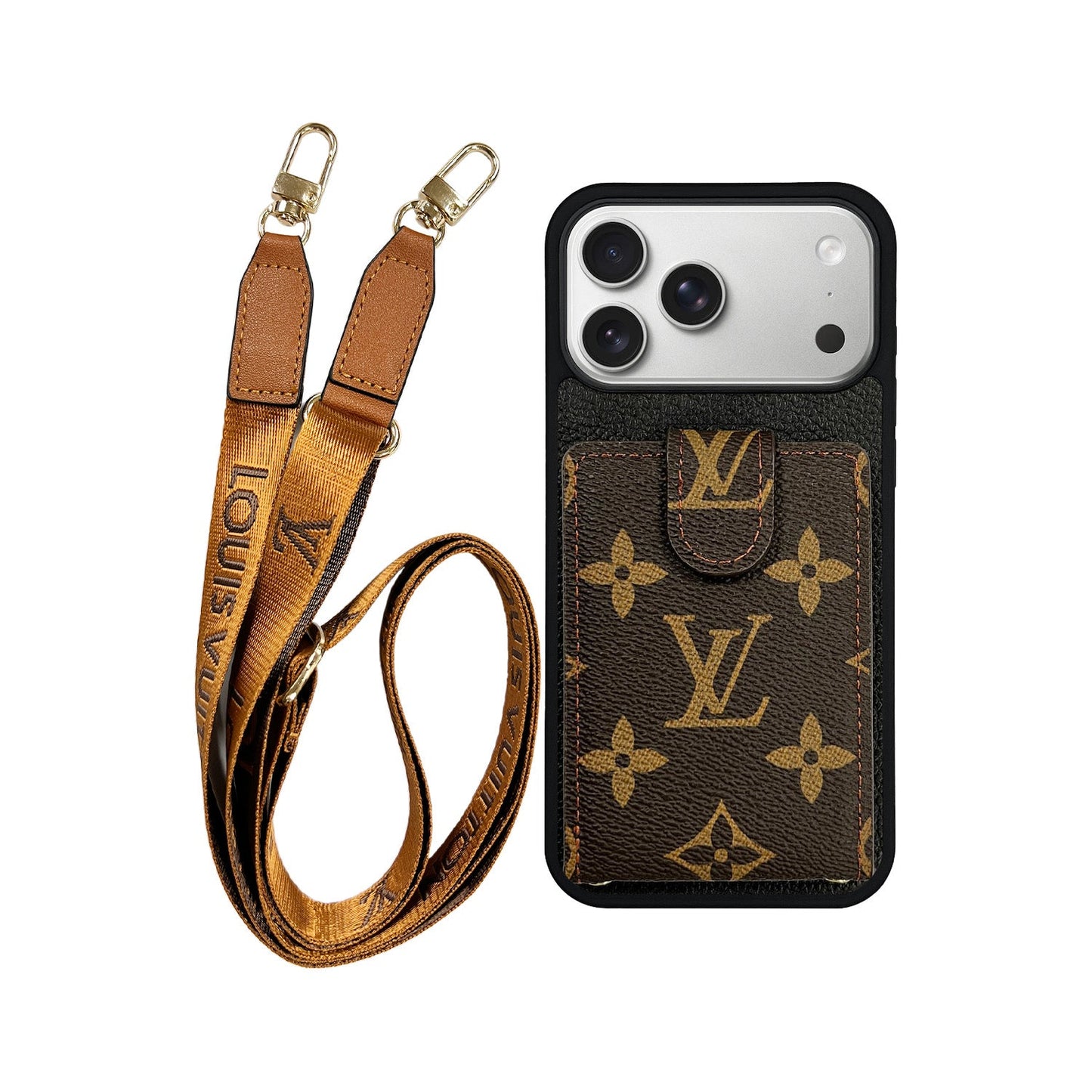 LV BLACK AND BROWN MONOGRAM CARDHOLDER FULLY COVERED LANYARD