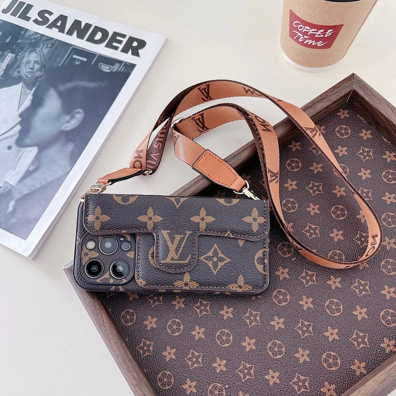 Monogram Leather Crossbody Phone Case Card Holder For Iphone / 18 Pro / 18 Pro Max