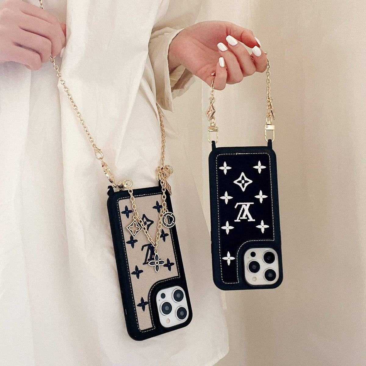 Fabric Leather Crossbody Chain Iphone Case With Ornament Charm / 18 Pro / 18 Pro Max