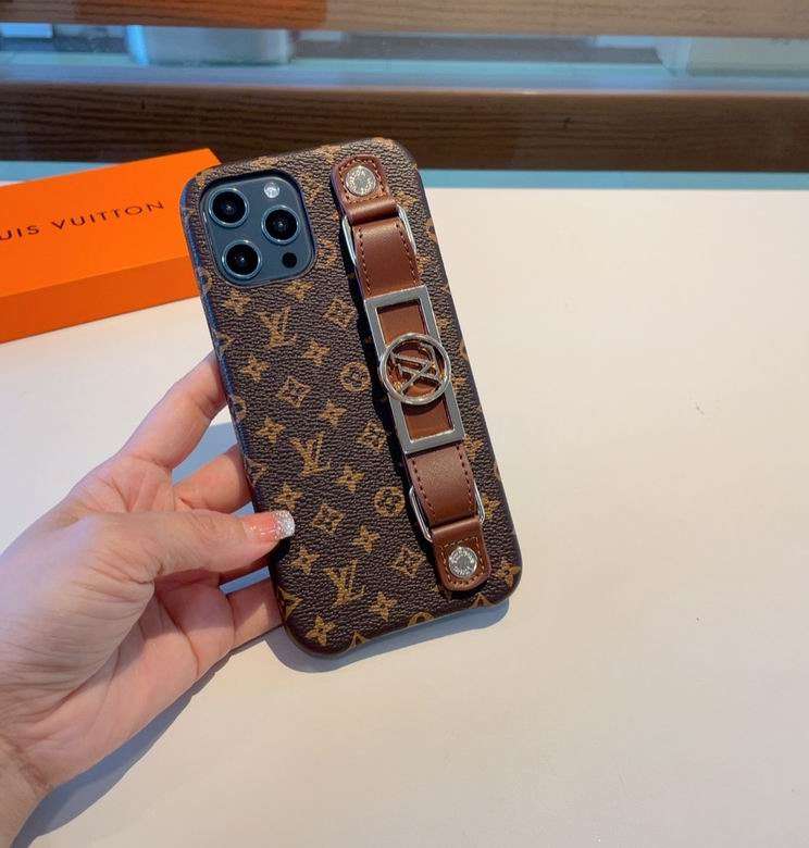 LV iPhone 14 Pro Max Case Hand Strap Brown Small Monogram
