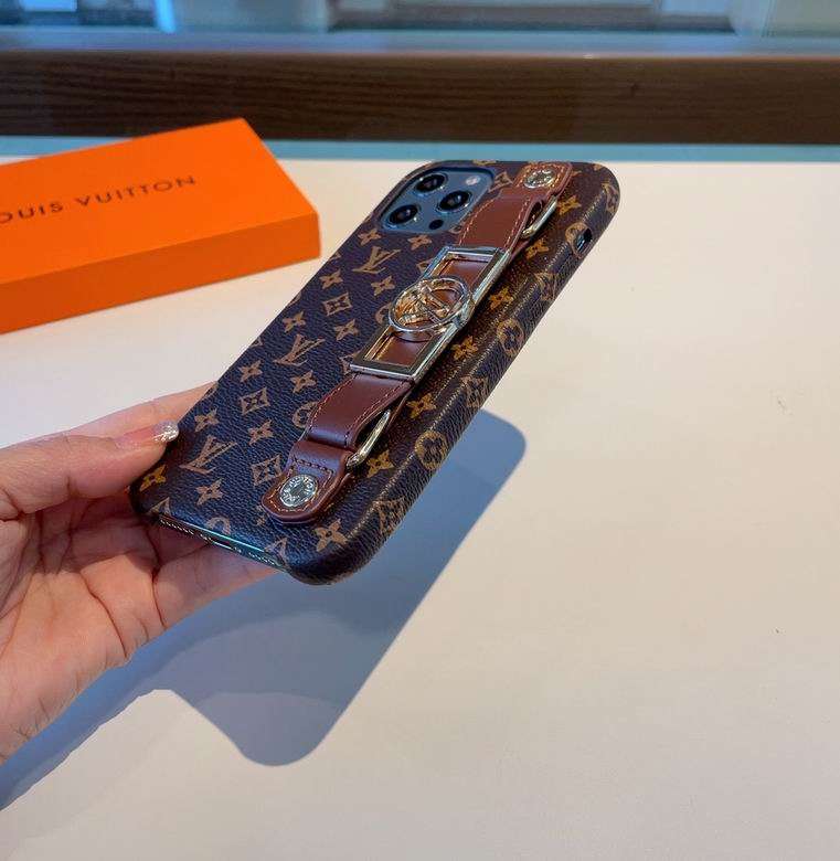 LV iPhone 14 Pro Max Case Hand Strap Brown Small Monogram