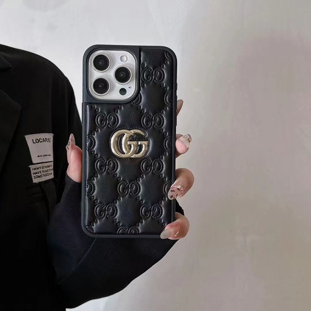 Stamped Gg Leather Iphone Case For 13-17 / Pro / Pro Max / 18 Pro / 18 Pro Max