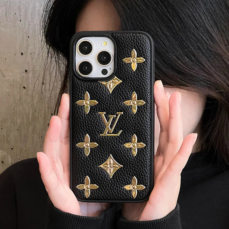 Luxury Golden Monogram Leather Iphone Case / 18 Pro / 18 Pro Max