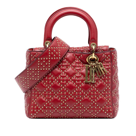 Red Dior Medium Studded Calfskin Lady Dior Handbag