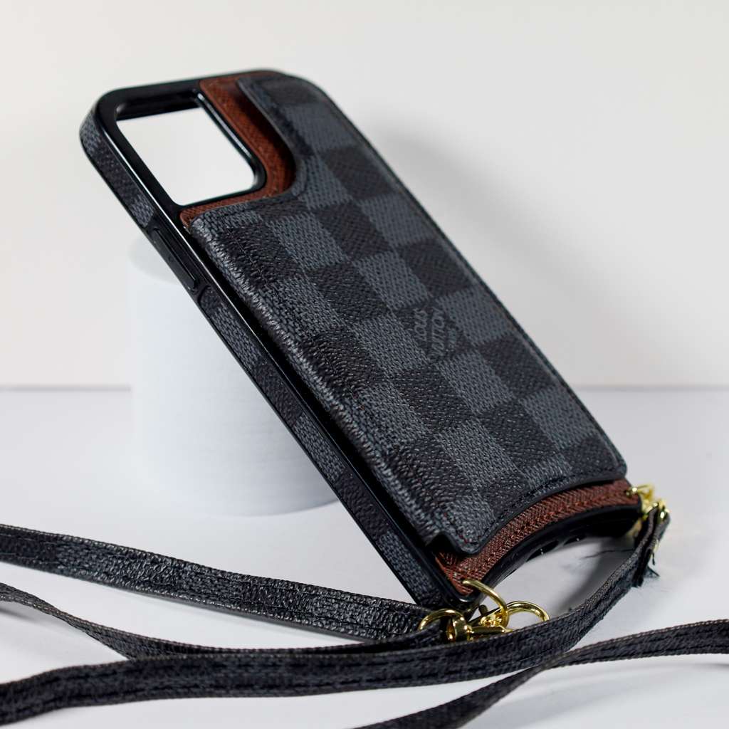 Luxury iPhone Wallet Case Black Checkered Leather