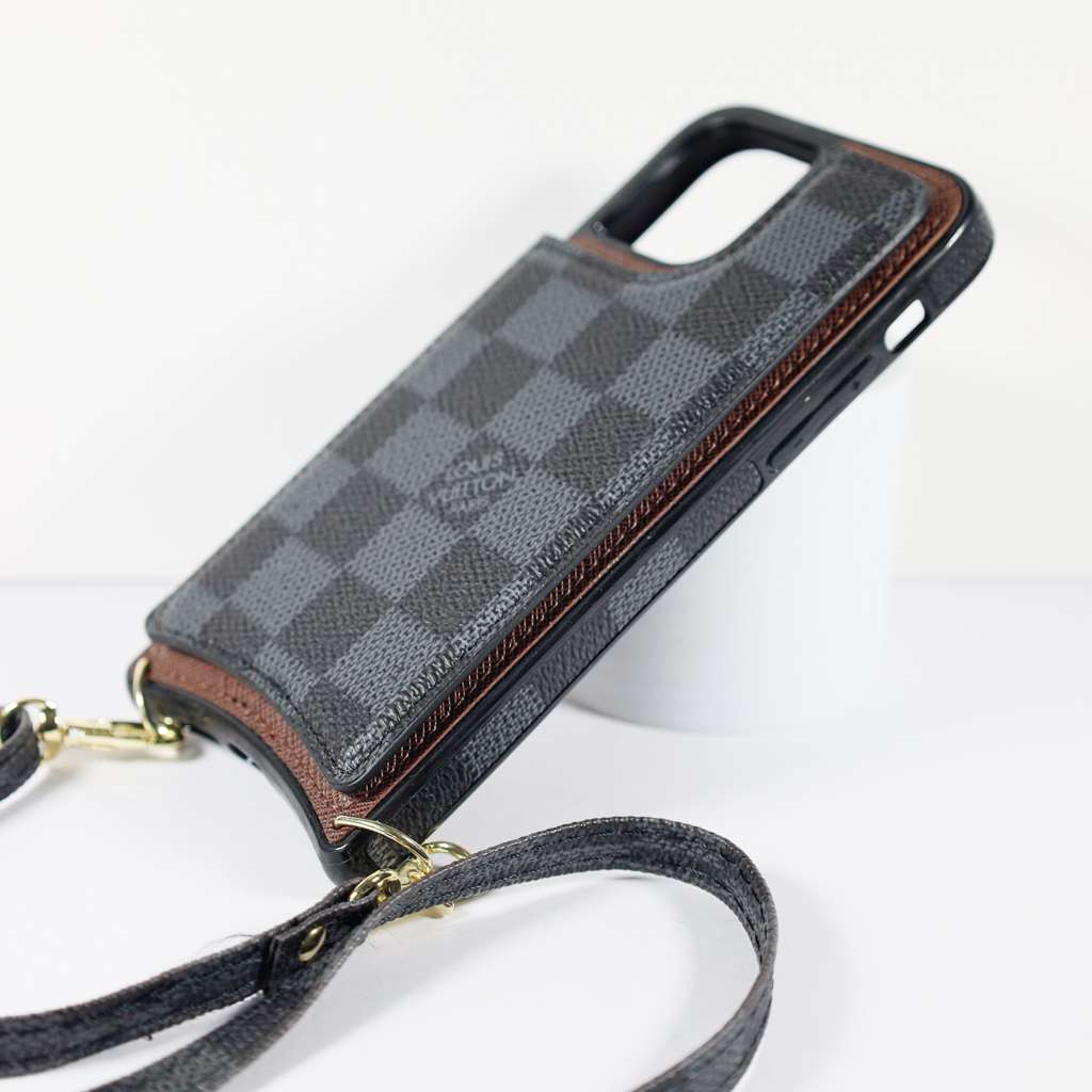 Luxury iPhone Wallet Case Black Checkered Leather