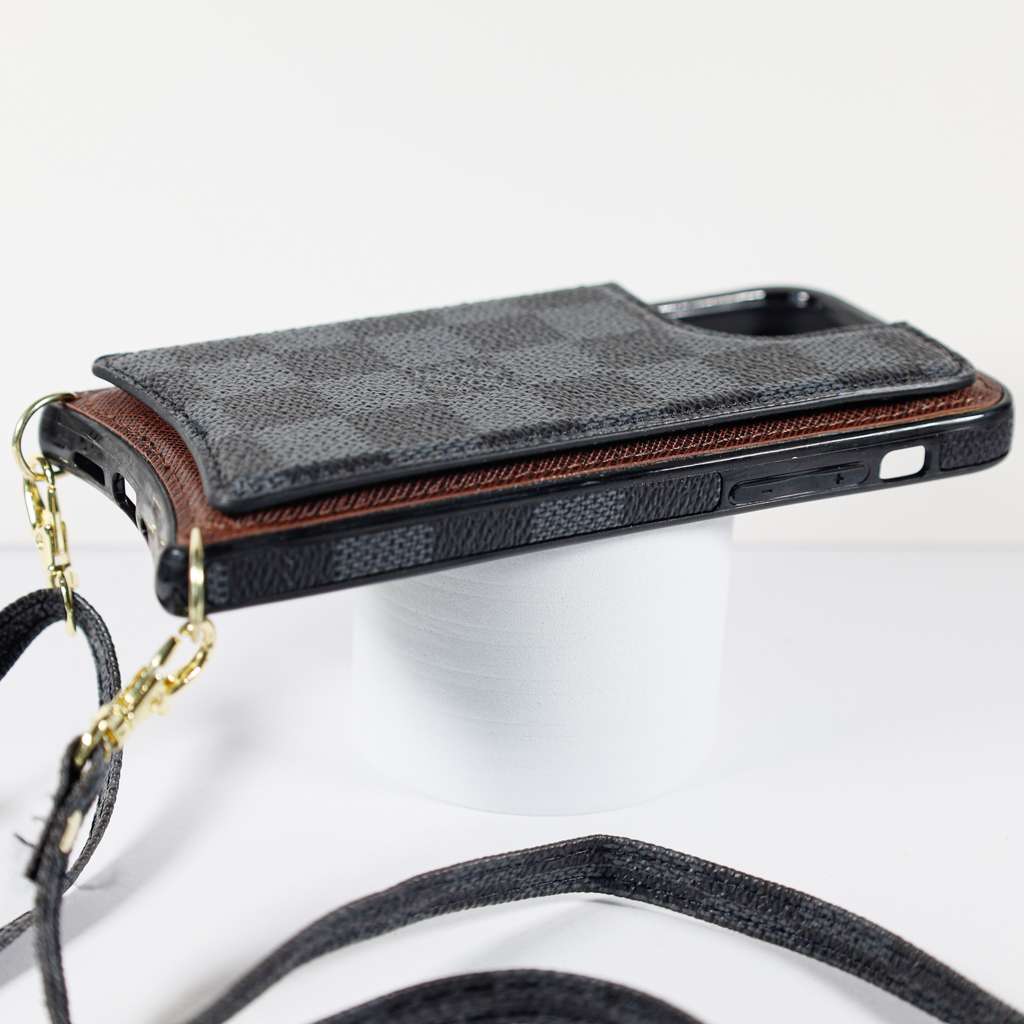 Luxury iPhone Wallet Case Black Checkered Leather