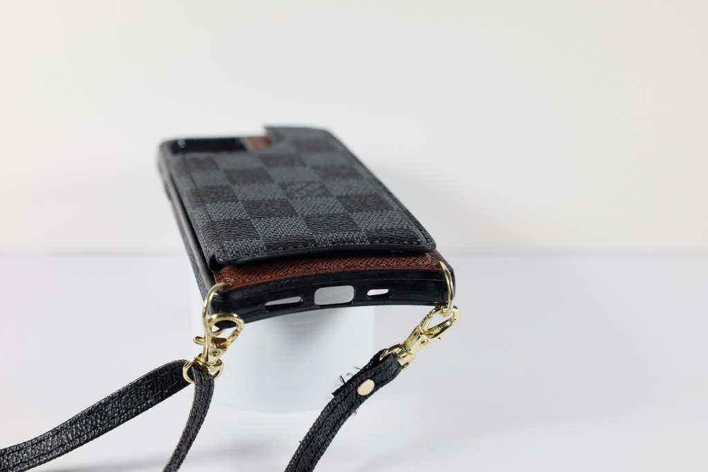 Luxury iPhone Wallet Case Black Checkered Leather