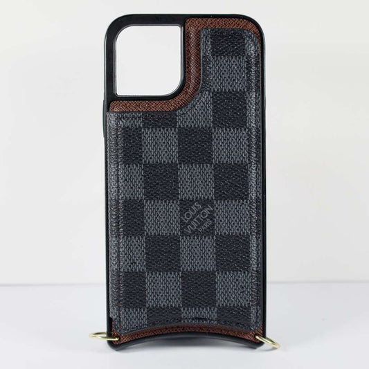 Luxury iPhone Wallet Case Black Checkered Leather