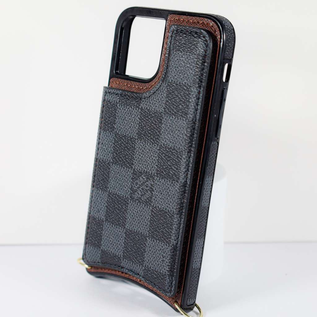 Luxury iPhone Wallet Case Black Checkered Leather