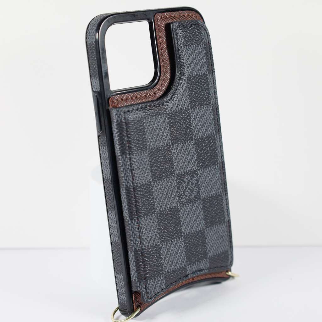 Luxury iPhone Wallet Case Black Checkered Leather