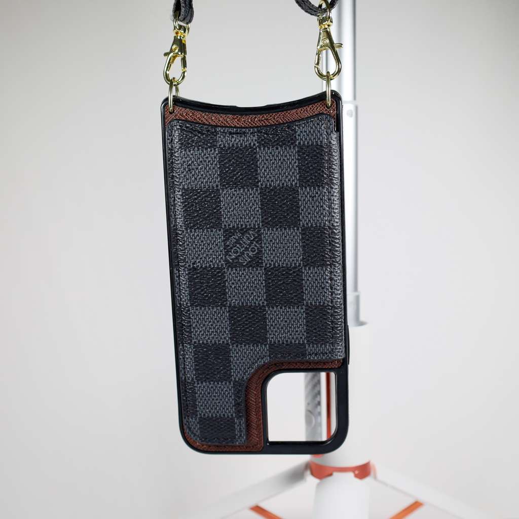 Luxury iPhone Wallet Case Black Checkered Leather