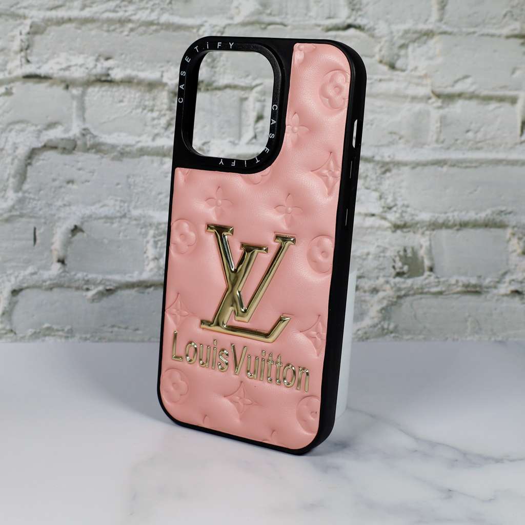 LV Stamped Leather Case Pink for iPhone