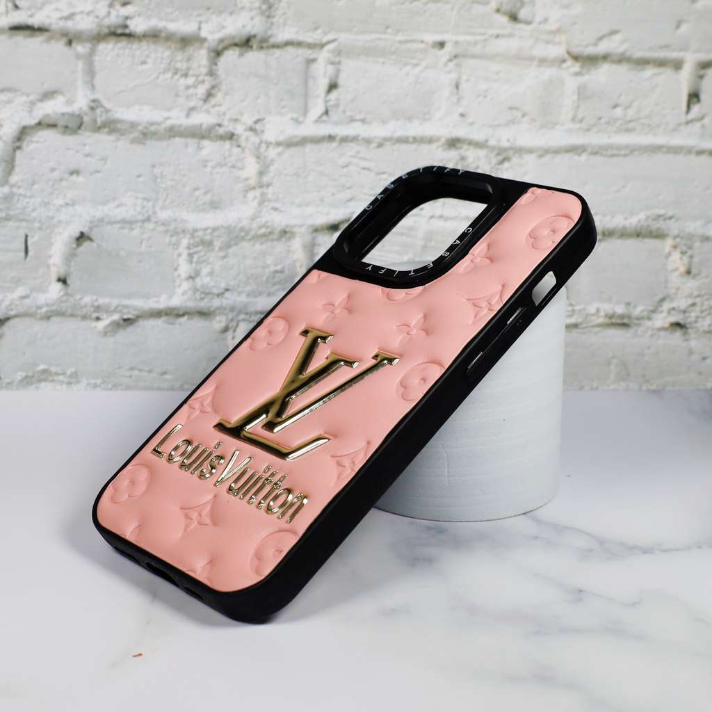 LV Stamped Leather Case Pink for iPhone