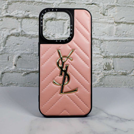 YSL Leather iPhone Case Fashion Pink for 12 13 14 Pro Max Plus