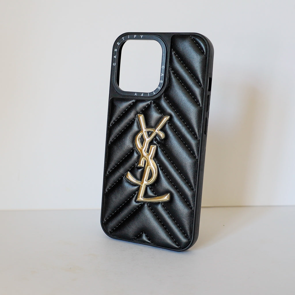 Ysl Iphone Case Fashion Black Leather For 12 13 14 15 16 Pro Max Plus Version / 18 Pro / 18 Pro Max