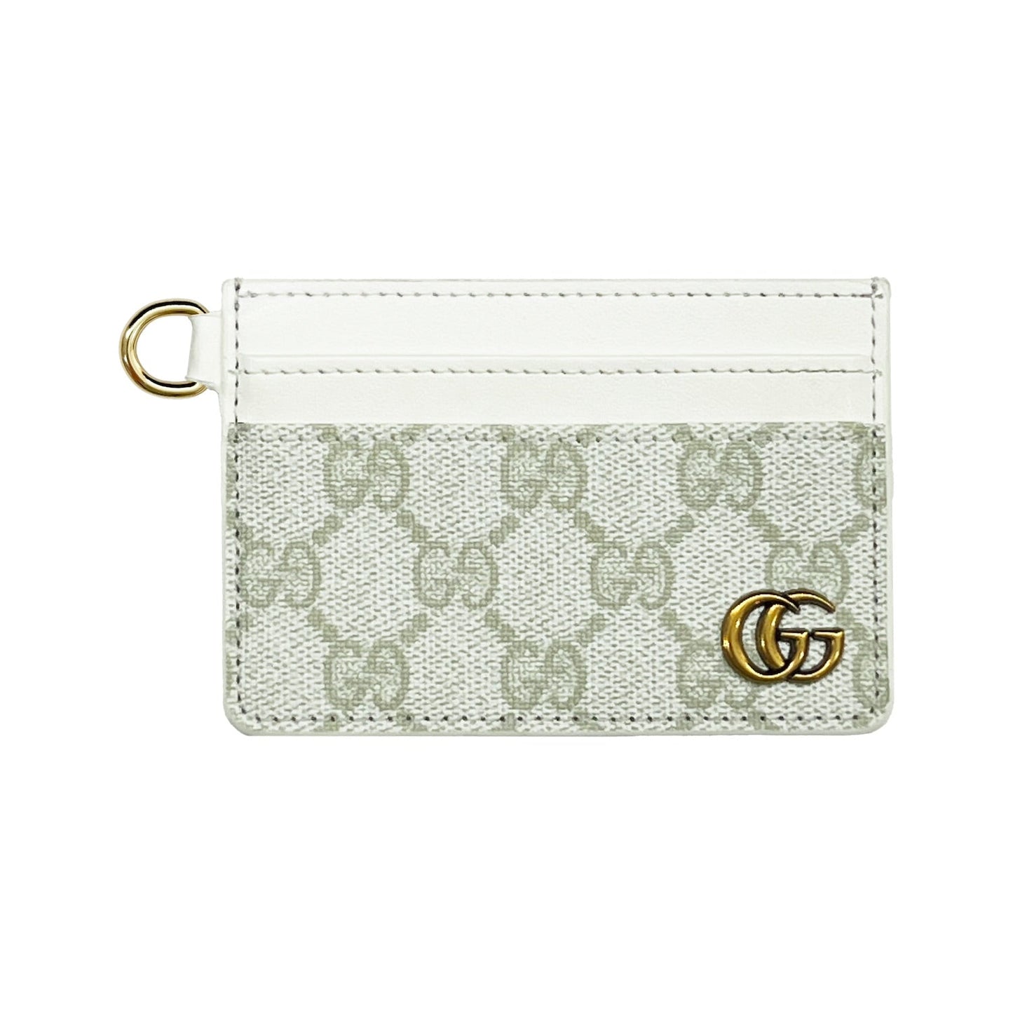 GG WHITE MONOGRAM CARD HOLDER WITH GOLD LOGO AND KEY RING