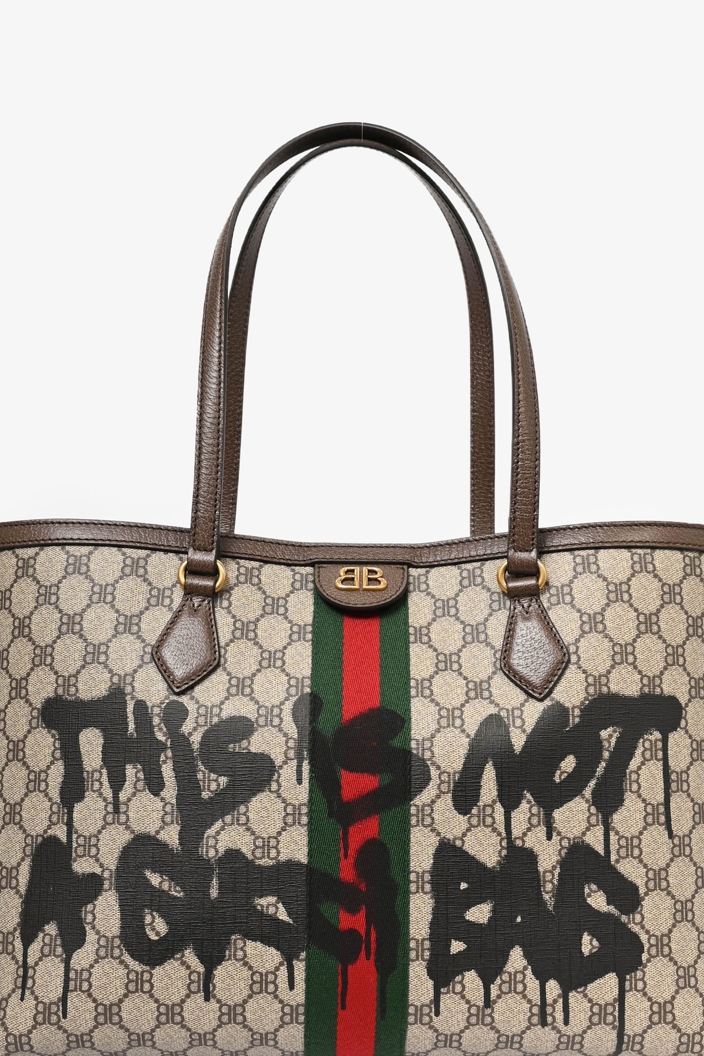 Gucci X Balenciaga Brown Bb Supreme Ophidia 'This Is Not A Gucci Bag' Printed Shopping Tote