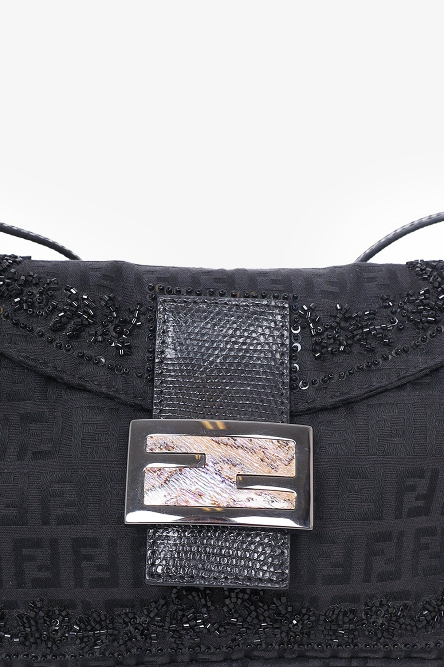 Fendi Black FF Zucca Beaded Lizard Trimmed Baguette