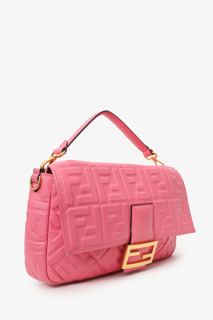 Fendi Pink Leather Nappa FF 1974 Embossed Large Baguette Bag with Strap