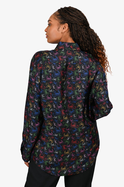 Fendi Black/Multicoloured Logo Silk Button Down Shirt Size 43 Mens