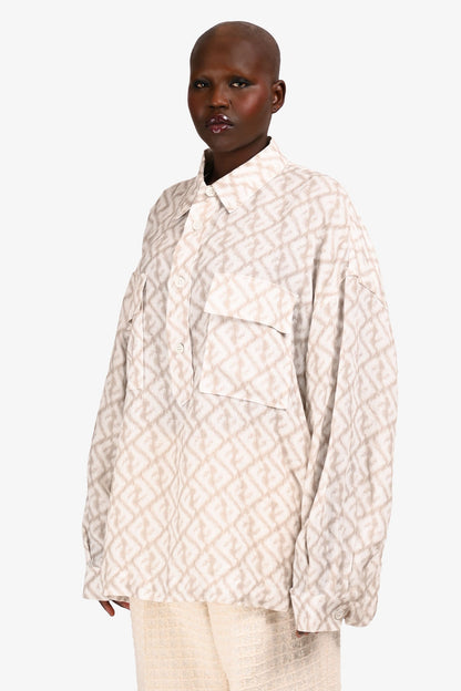Fendi 2022 White/Beige Graphic Linen V-Neck Pocket Blo Size 42 w/ Tags